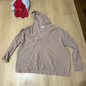 Aerie V-Neck Hooded Sweater in Taupe